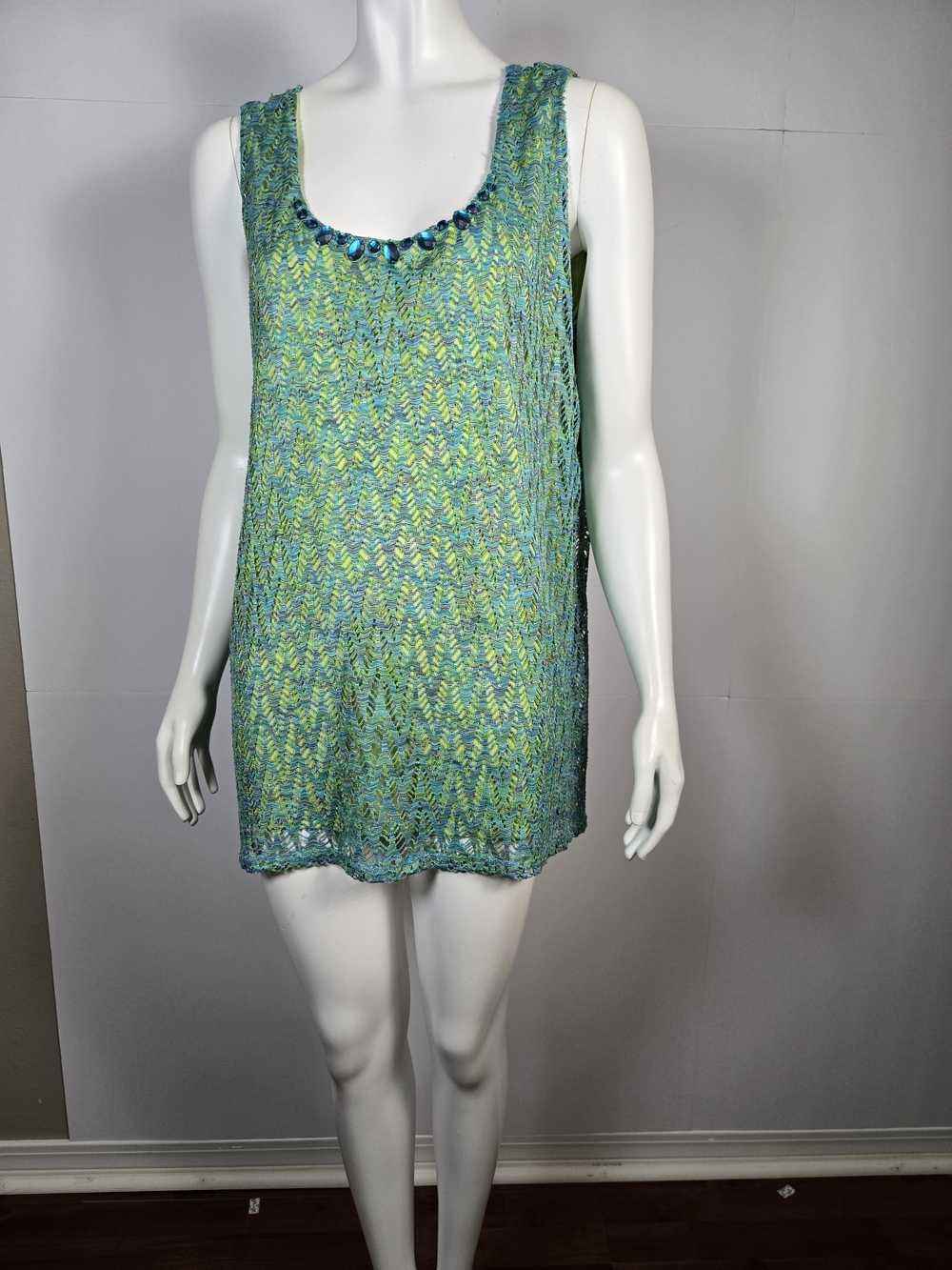 Women’s Green Crochet Swim Cover-Up Tank with Beaded Neckline - Ruby Rd.